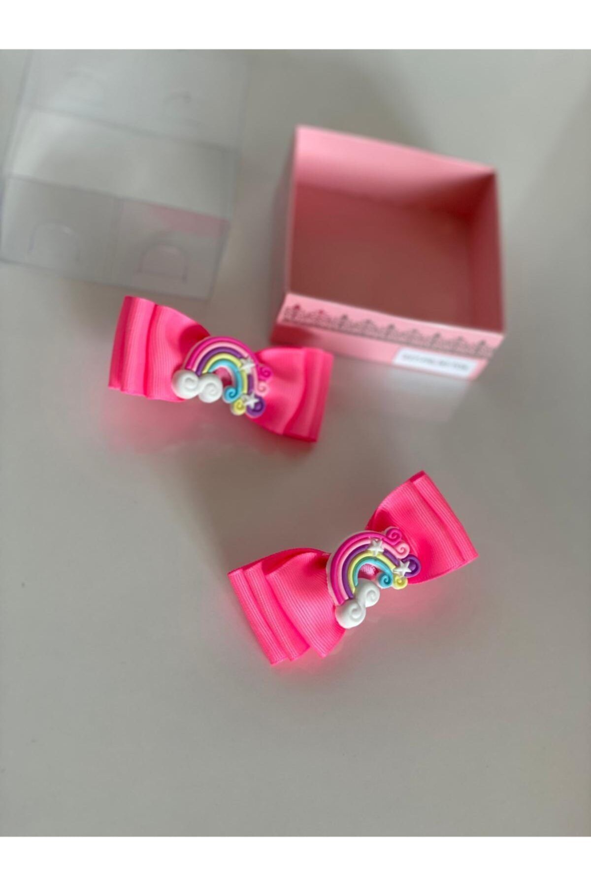 QUEEN AKSESUAR Neon Pembe 2' Li Mini Gökkuşağı Süslü Kız Çocuk Bebek Doğum Günü Hediye Pensli Toka