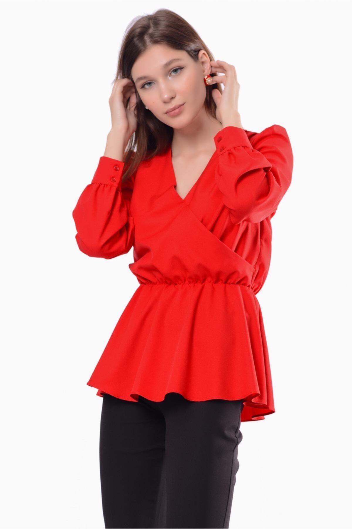 İroni Kadın Kırmızı Kruvaze Bluz 3003-903
