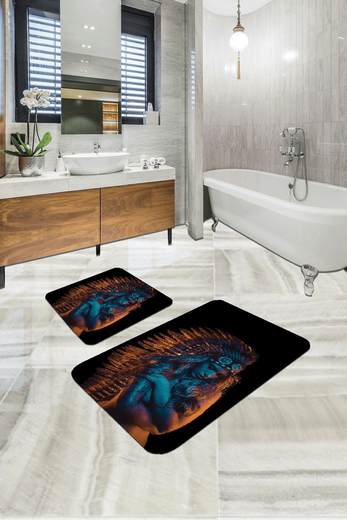 RugViva Dijital Banyo Halısı Klozet Takımı 2'li Paspas Seti Bs316 60x90cm + 60x60cm