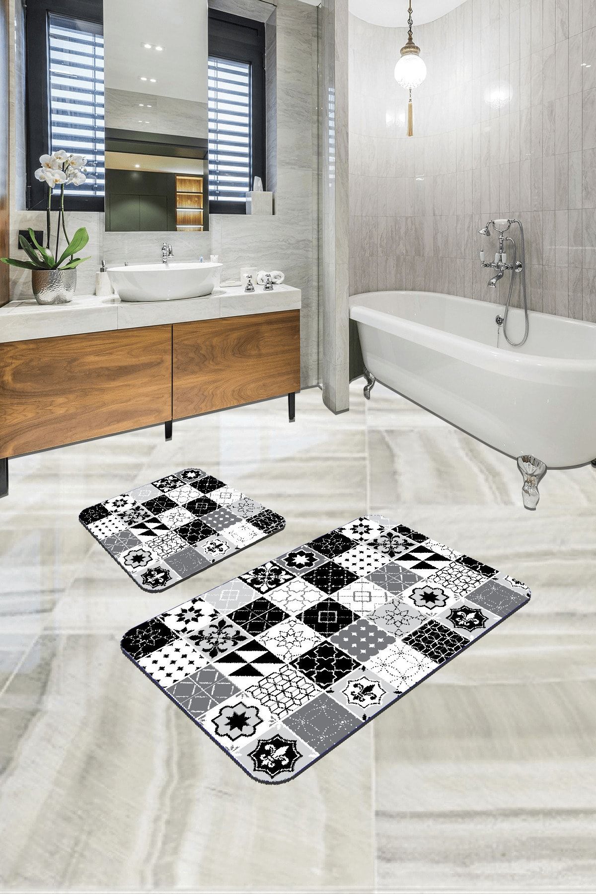 RugViva Dijital Banyo Halısı Klozet Takımı 2'li Paspas Seti Bs205 50x80cm + 50x50cm