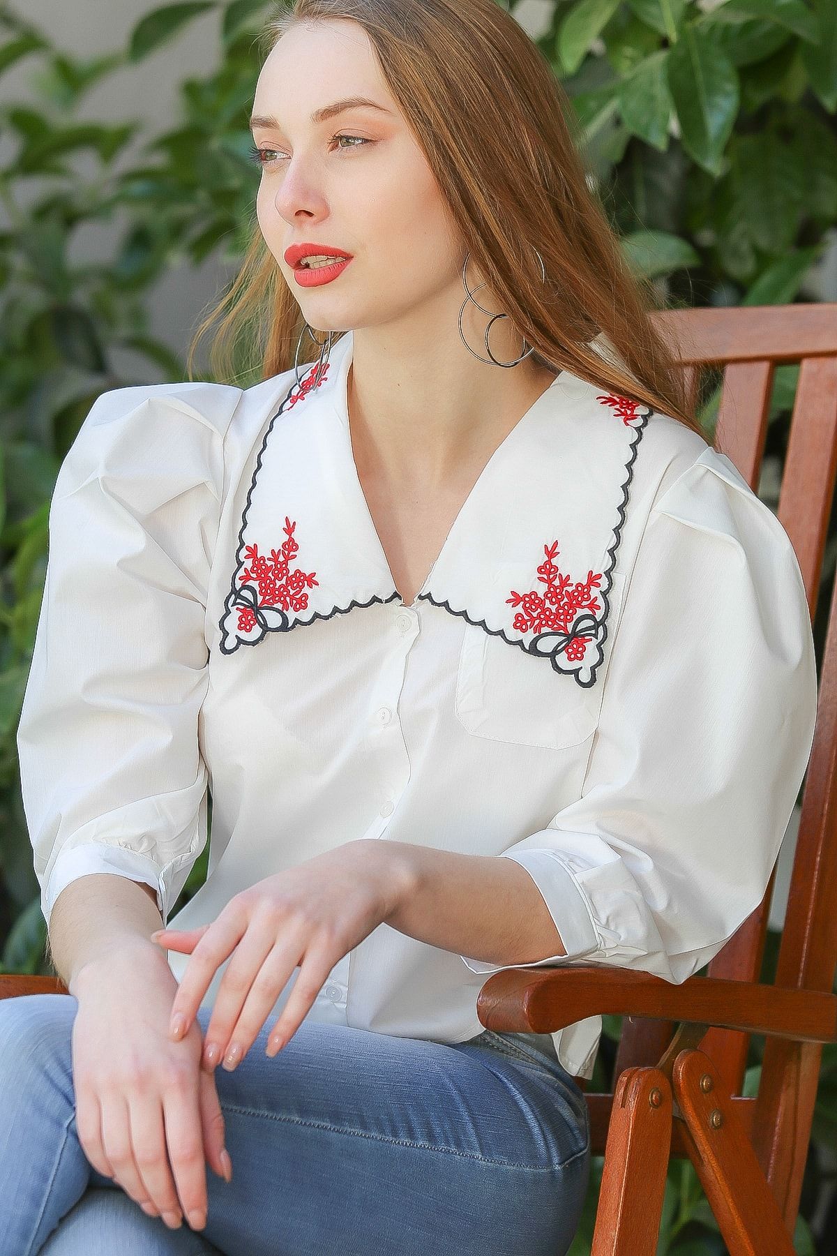 Chiccy Kadın Beyaz Vintage Nakış Detay Yakalı Karpuz Kol Gömlek M10010400Gm99538