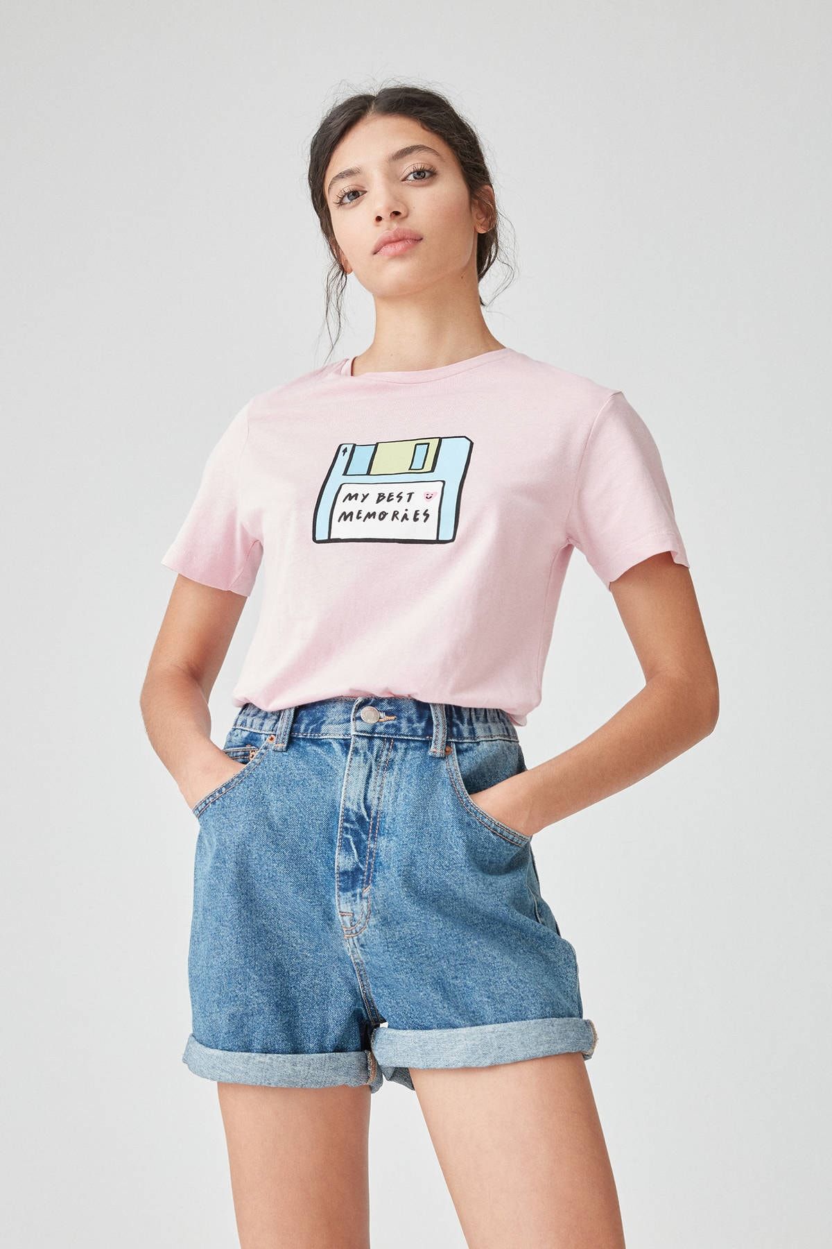 Pull & Bear Pembe Disket Görselli T-Shirt