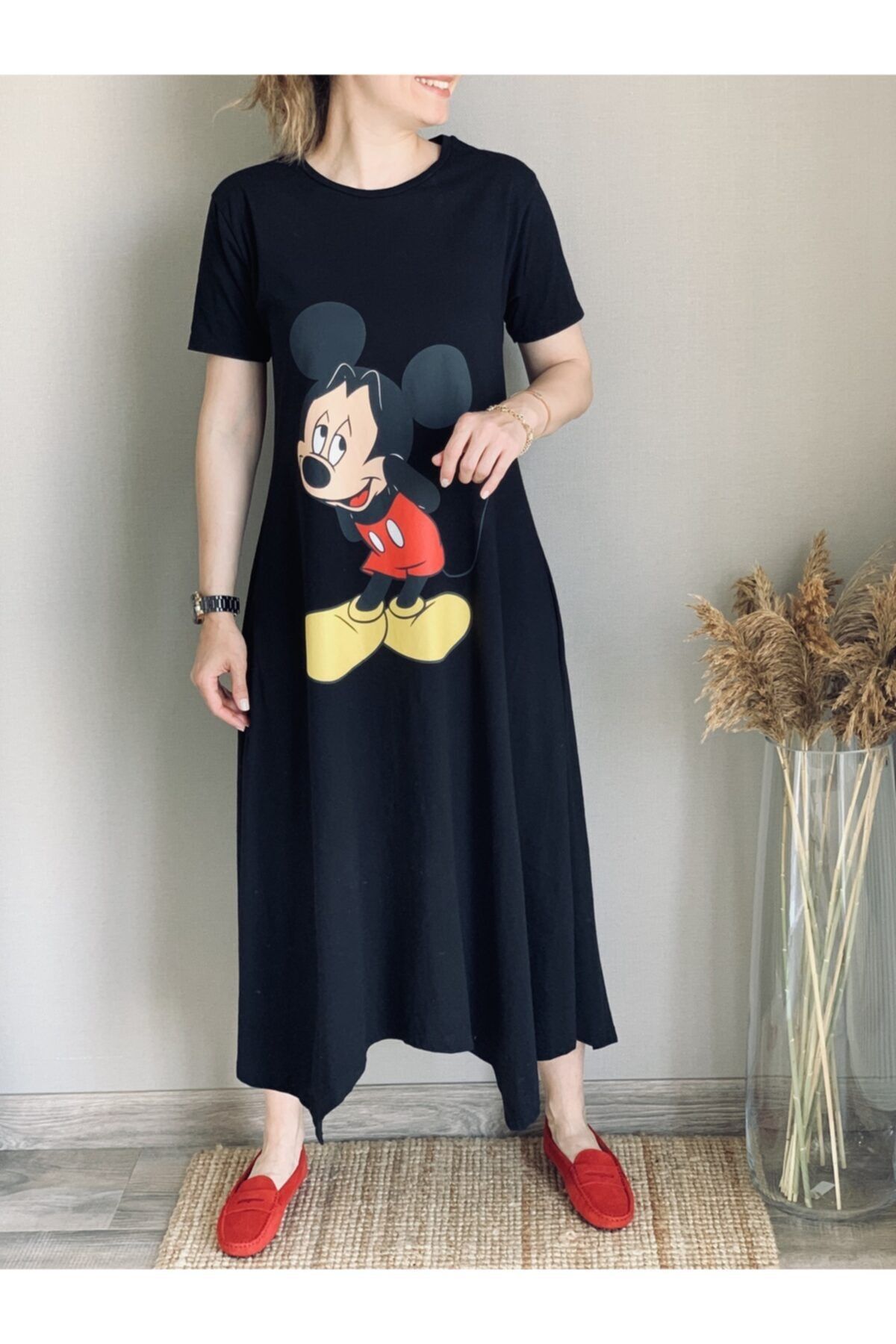 MAIO TASARIM Kadın Siyah Asimetrik Kesim Mickey Mouse Elbise