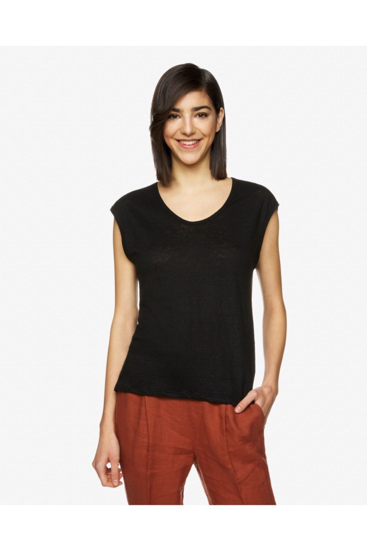 United Colors of Benetton Kadın Siyah Basic Keten Tshirt