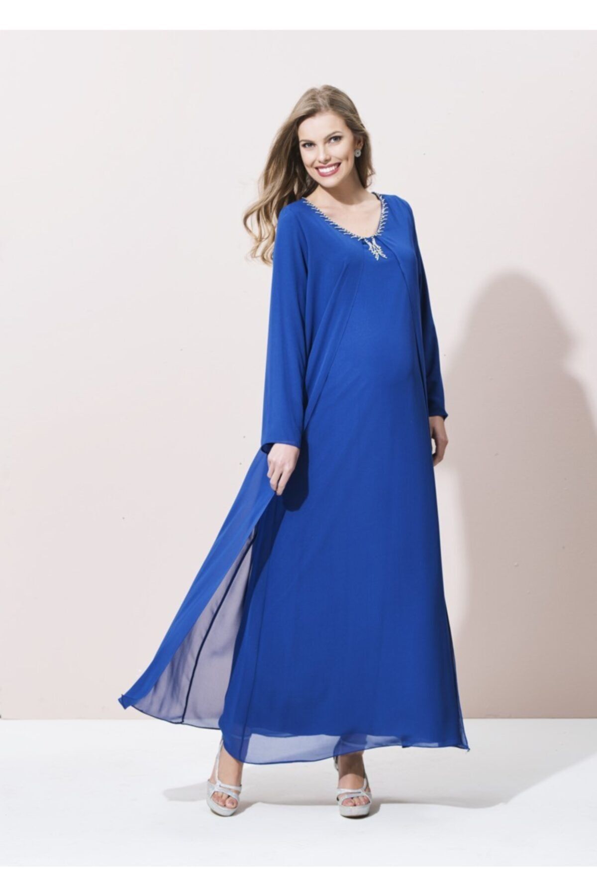 Even Fashion Hamile Giyim Kadın Saks Mavi Kolyeli Uzun Kollu Abiye Hamile Elbise