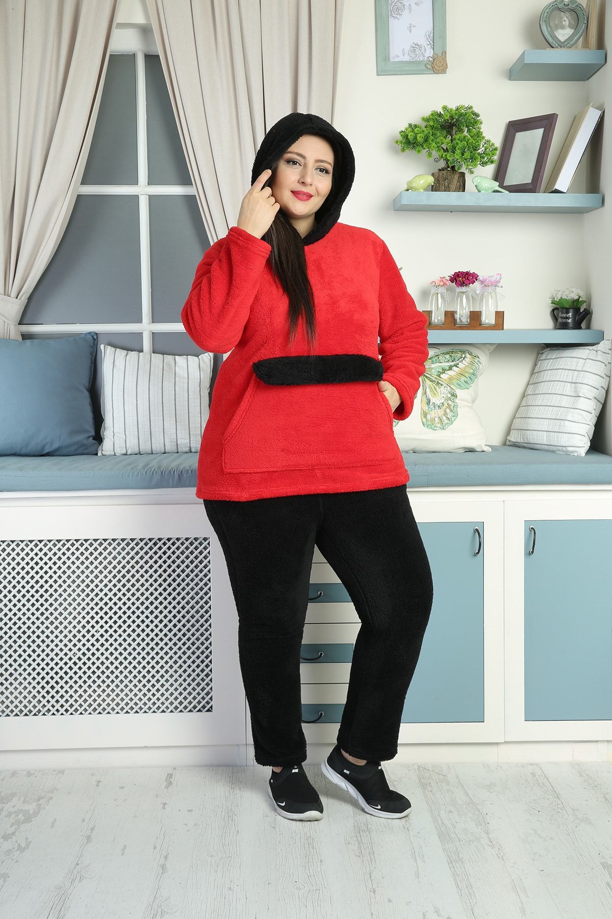 XL Modam Kadın Kırmızı Büyük Beden Peluş Eşofman Takımı