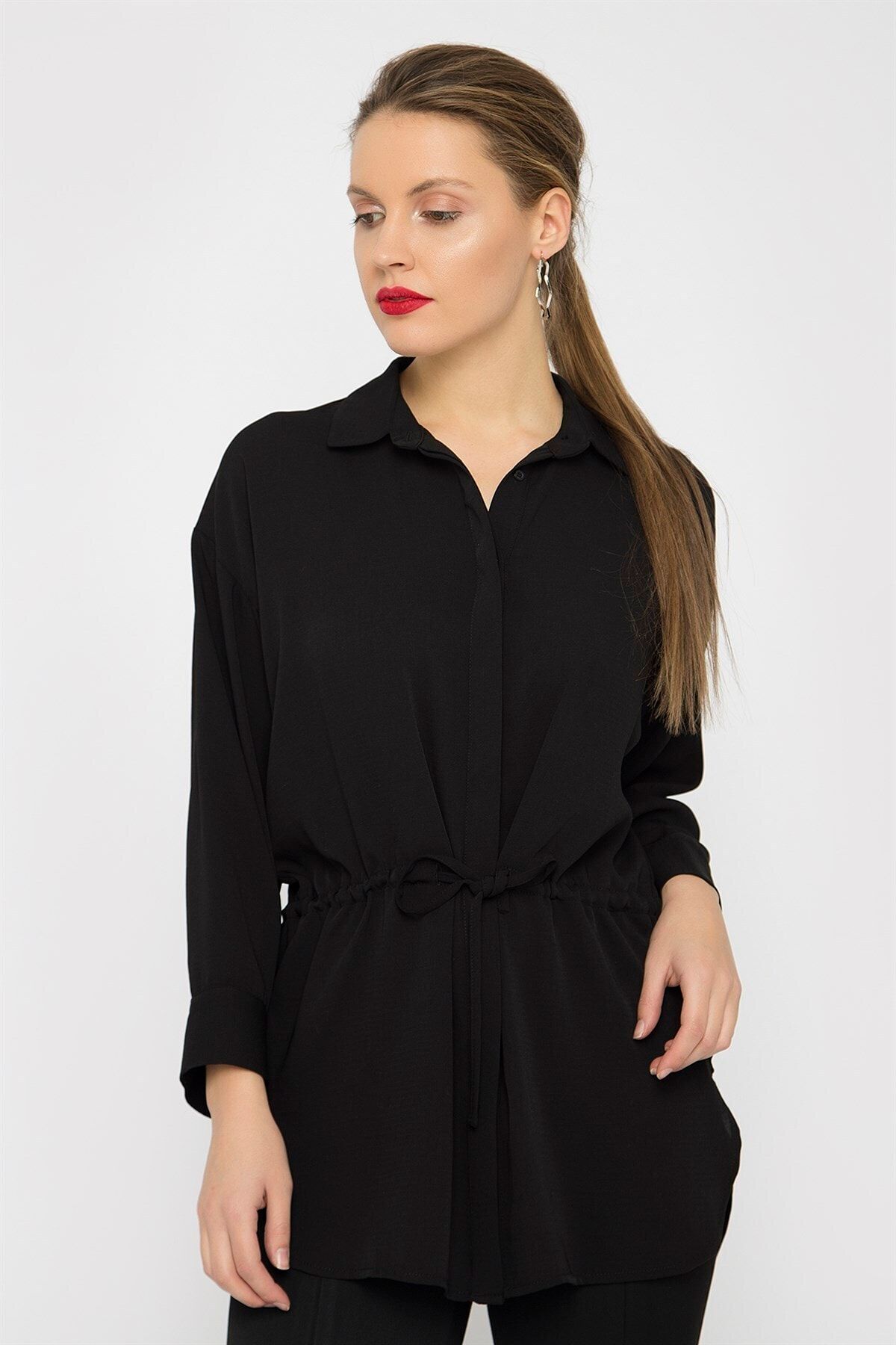 Chima Kadın Siyah Belden Bağcıklı Gömlek