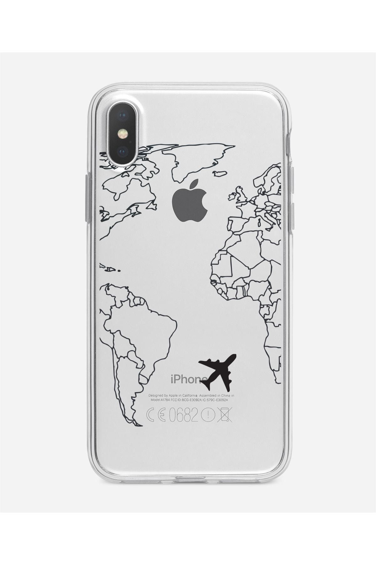 mooodcase Iphone X World Map Lines Premium Şeffaf Silikon Kılıf Siyah Baskılı