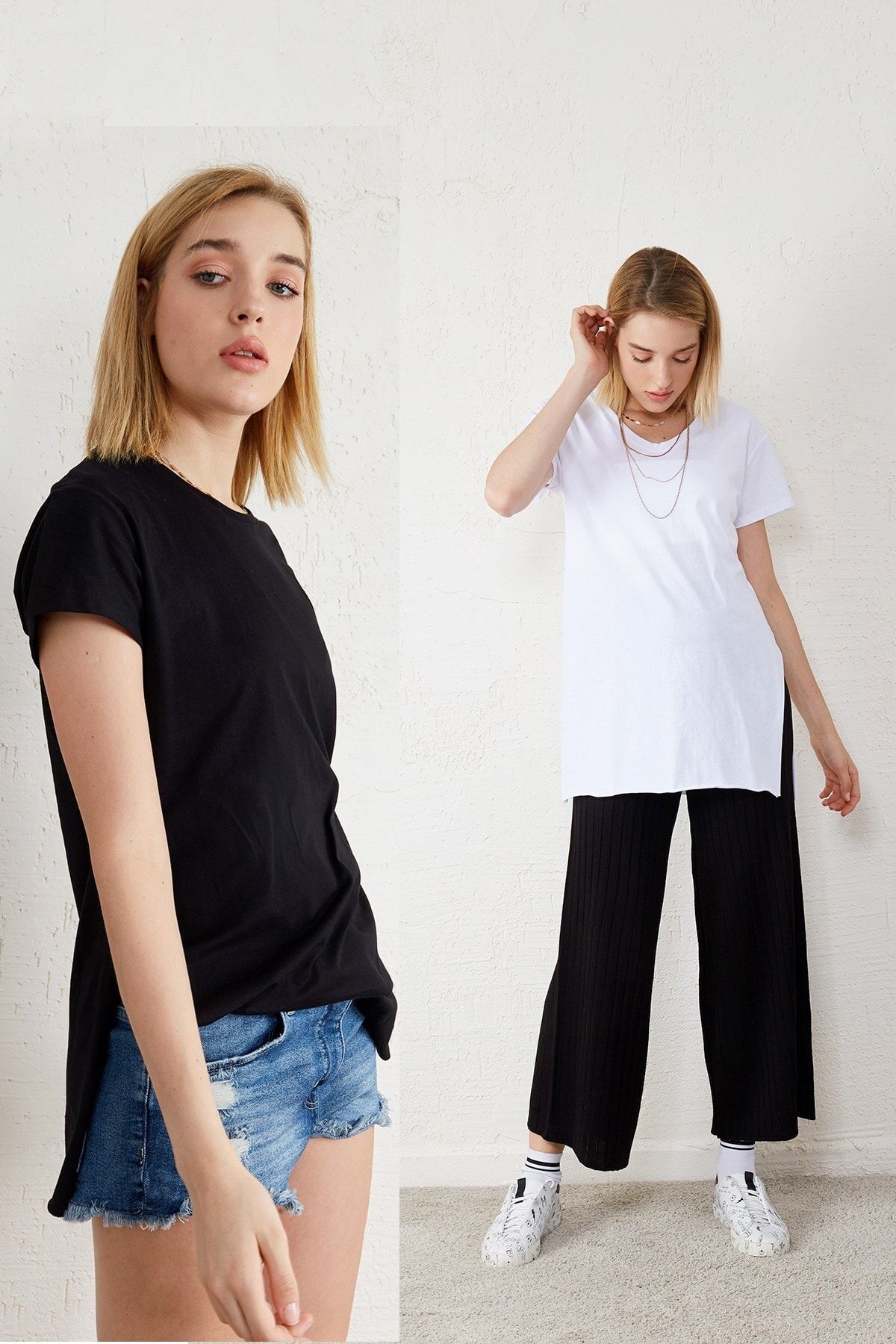 Eka Kadın Siyah - Beyaz 2'li Paket V Yaka Kısa Kol Yırtmaçlı T-shirt