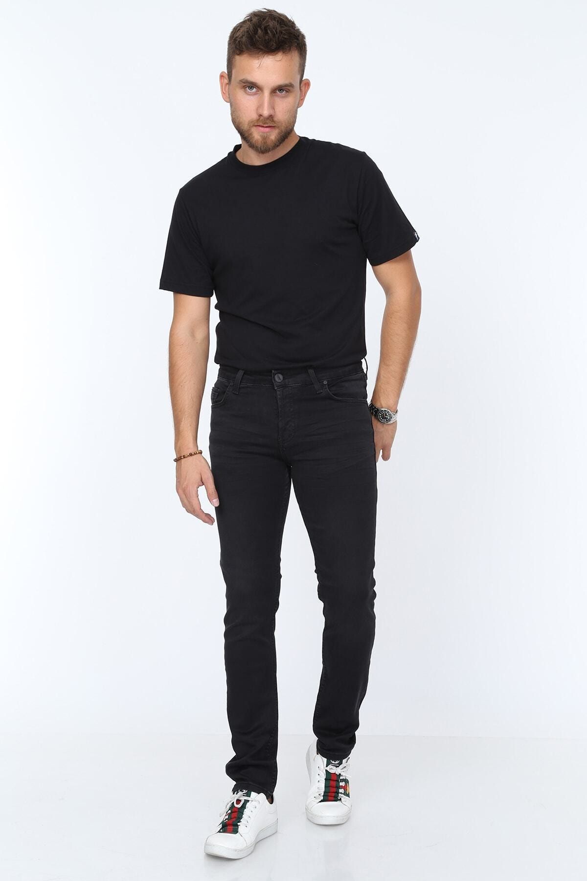 Digital Jeans Örme Hamur Kumaş Dar Kesim Erkek Taşlamalı Siyah Kot Pantolon