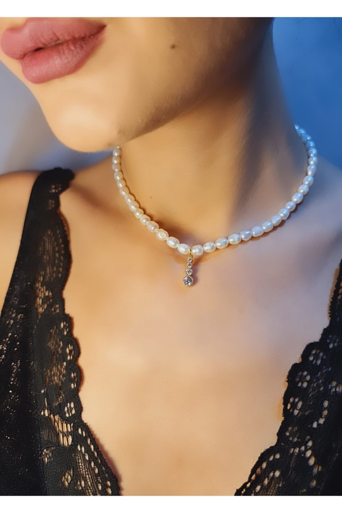 WONDER TOUCH Inci Kolye,choker Inci Kolye,minimal 3 Taşlı Inci Kolye,24k Altın Kaplama, 36 Cm