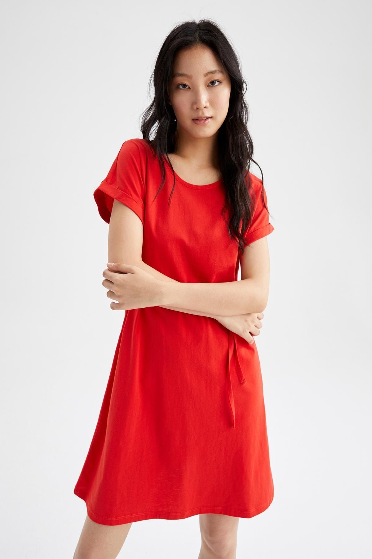 Defacto Basic Beli Bağcıklı Yazlık Kısa Kollu Mini Elbise