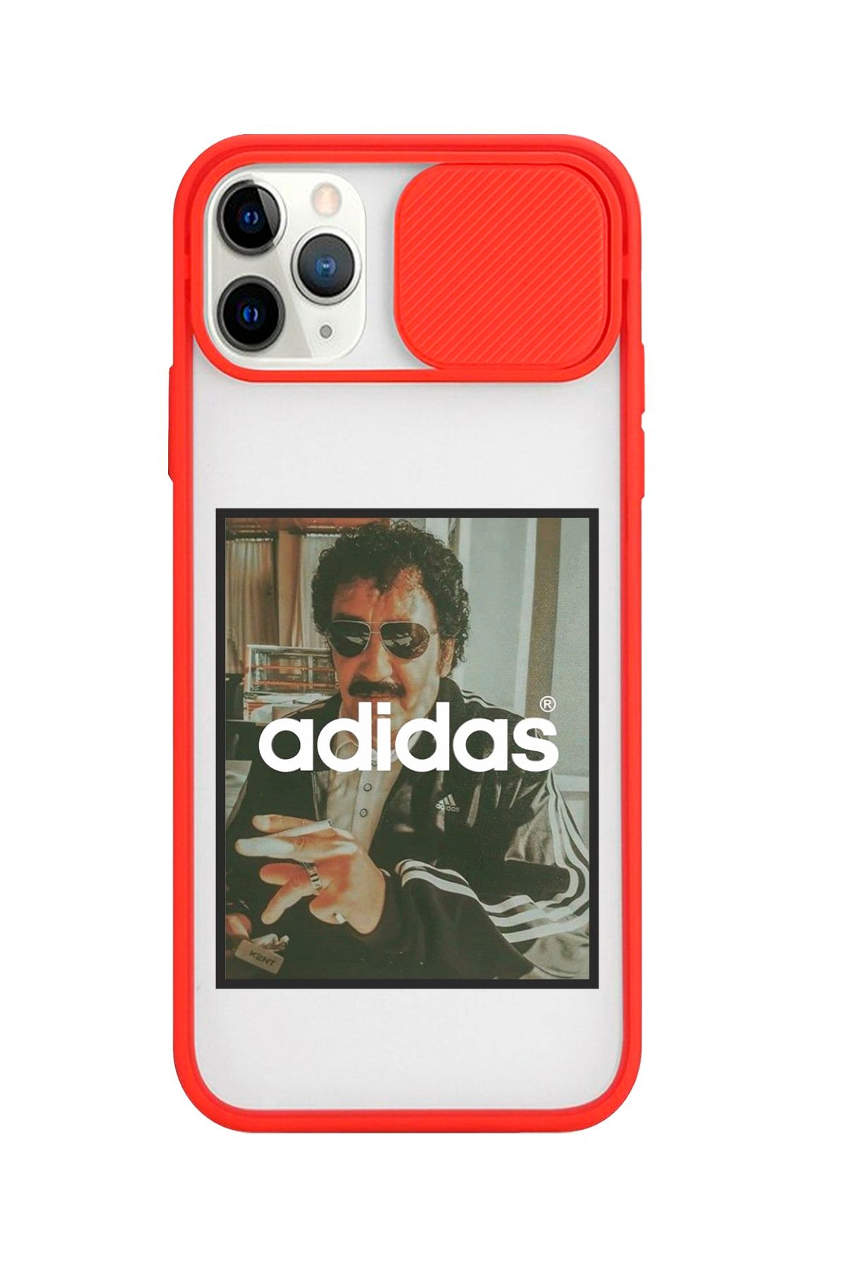 Bel Caso Iphone 12 Pro Max Kırmızı Müslüm & Adidas Tasarımlı Kamera Korumalı Sürgülü Baskılı Silikon Kılıf