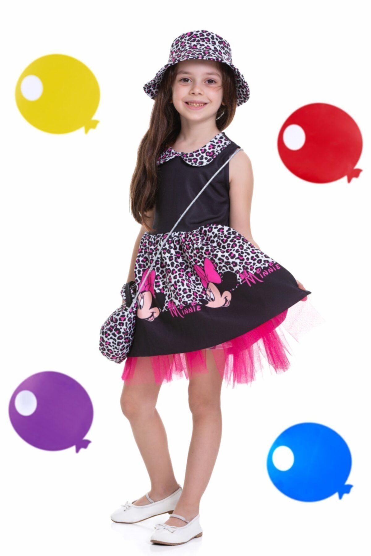 Lolliboomkids Kız Çocuk Bebe Yaka Çantalı Fuşya Siyah Renk Mickey Desen Tarlatanlı Elbise Özel Gün Doğum Günü