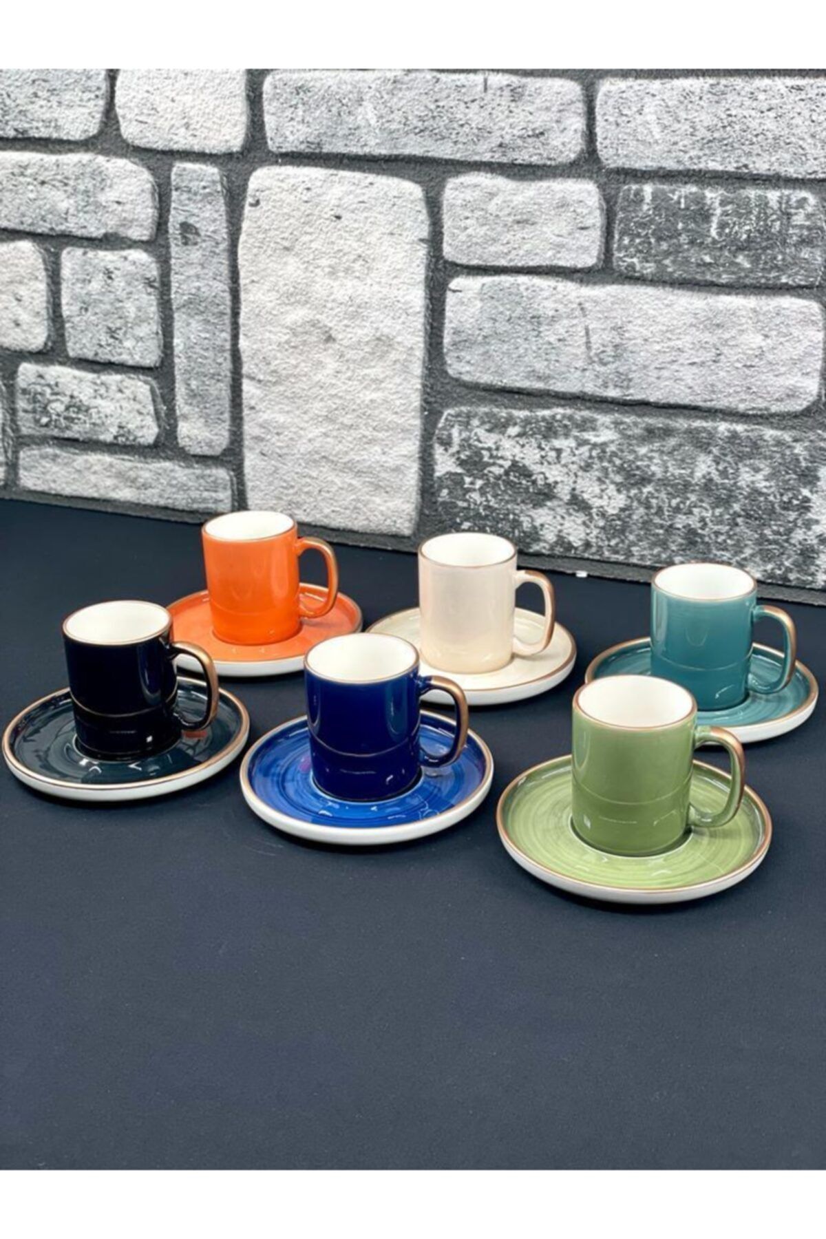 YzHome Acar 6 Kişilik Porselen Yaldızlı Özel Tasarımlı Renkli Kahve Fincan Takımı Seti