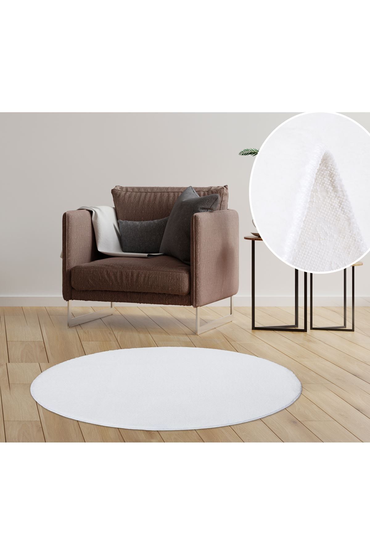 Myevilla My Evilla Modern Dekoratif Halı Jel Kaymaz Taban Peluş Puffy Yuvarlak Post Beyaz Halı