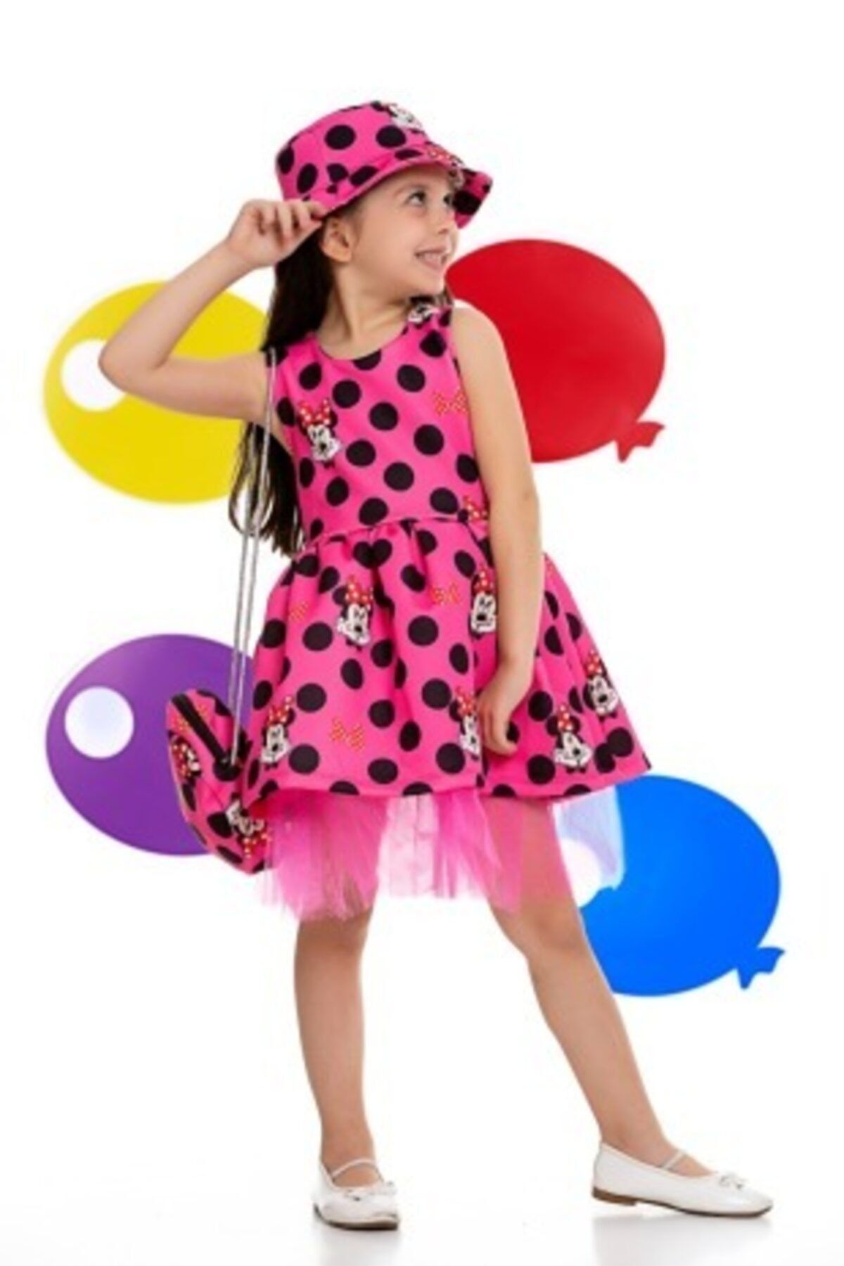 Lolliboomkids Şapkalı Mickey Desen Tüllü Tütülü Pembe Renk Parti Doğum Günü Özel Gün Tarlatanlı Elbise
