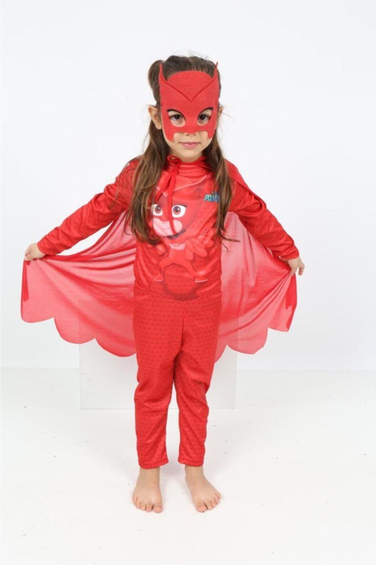 Lolliboomkids Kız Çocuk Pelerinli Kırmızı Renk Kedi Kız Pjmasks Pijamamaskeliler Kostüm Maske Dahil