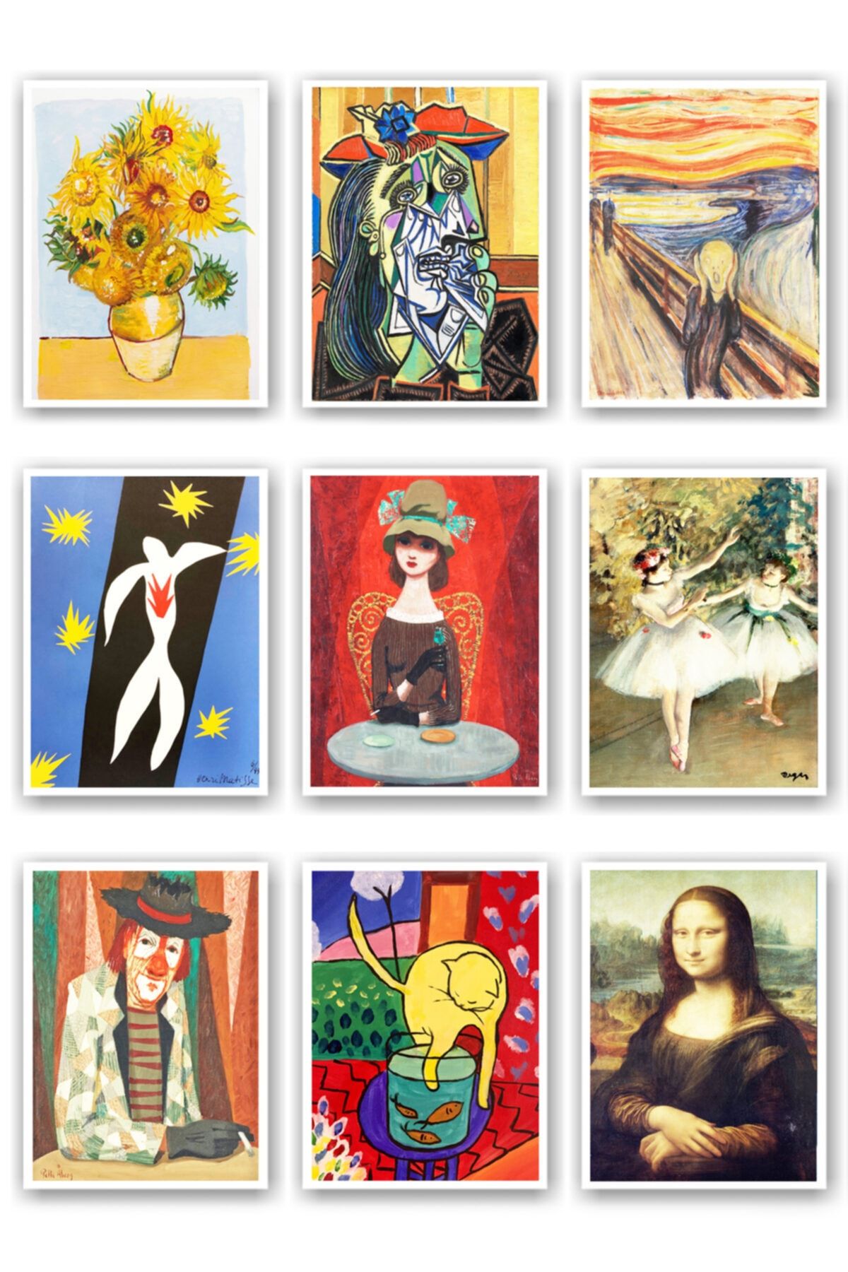 Mia Pera 9 Lu Kartpostal Seti Picasso Vangogh Dali Miro Degas Botticelli Venüs Kedi(ÖLÇÜLER: 11 X 15 CM)