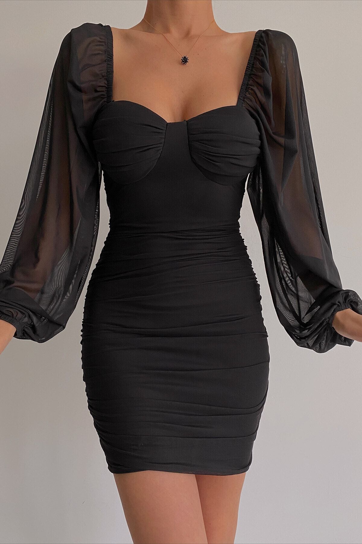 lovebox Göğüs Dolgulu Astarlı Esnek Tül Kumaş Kısa Siyah Abiye Elbise Siyah Mezuniyet Elbisesi 102