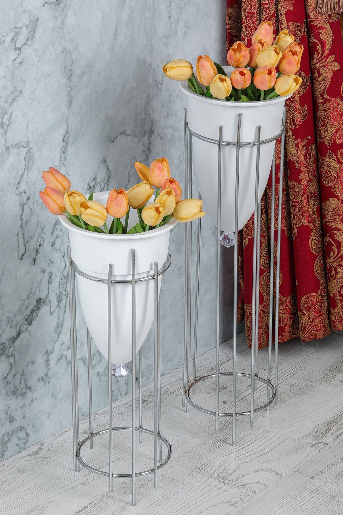 MHK Collection Gümüş Renkli 2'li Büyük Ayaklı Vazo, Çiçeklik