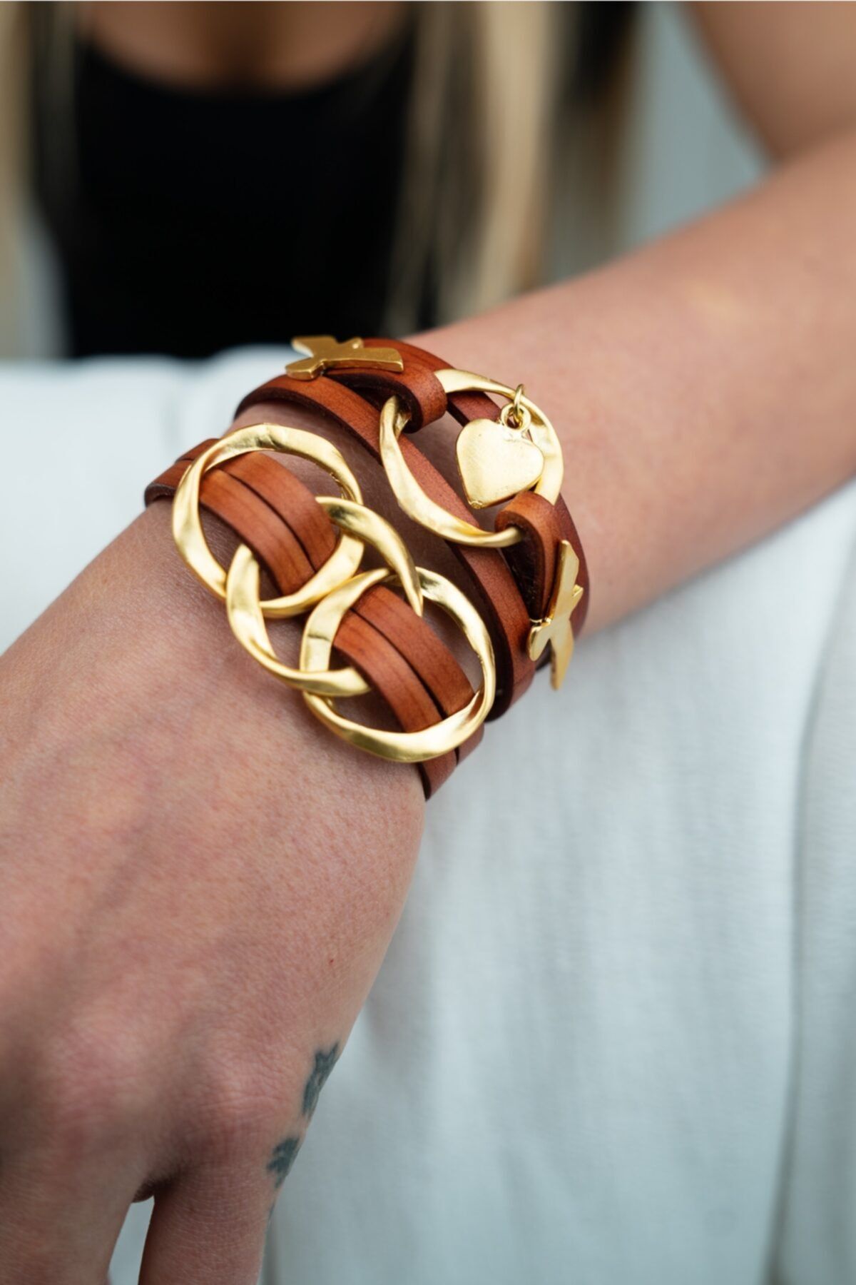 Kutcha Accessories Kadın Kahverengi Deri Ve Gold Kaplama Ikili Bileklik Set