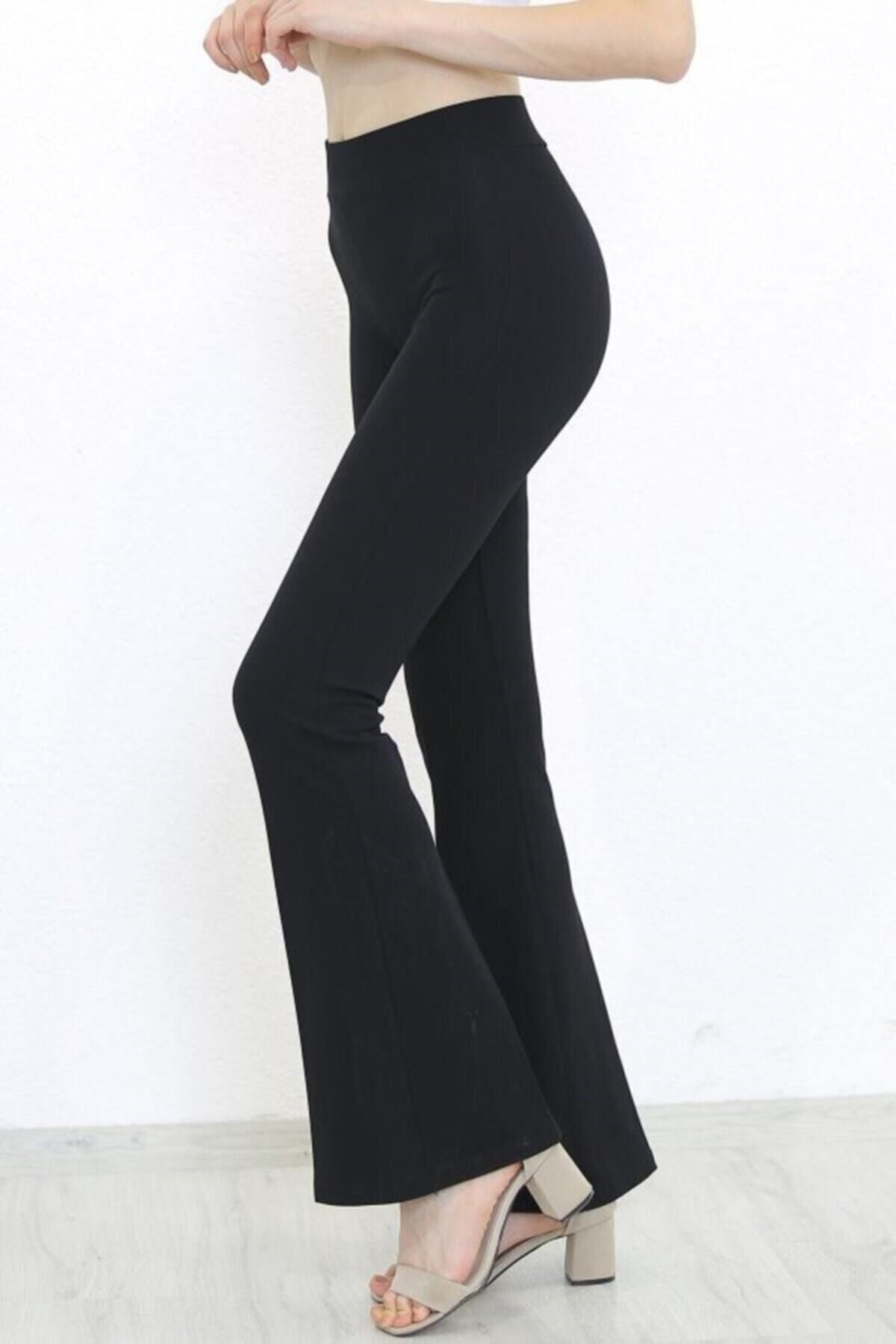 Aşkı Endam Kadın Beli Lastikli Full Likralı Ispanyol Paça Pantolon - Siyah