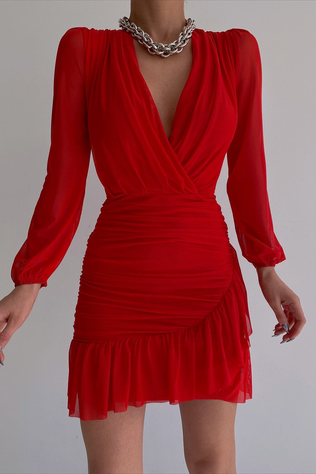 bayansepeti Astarlı Tül Kumaş Kruvaze Yaka Kırmızı Mini Elbise 105