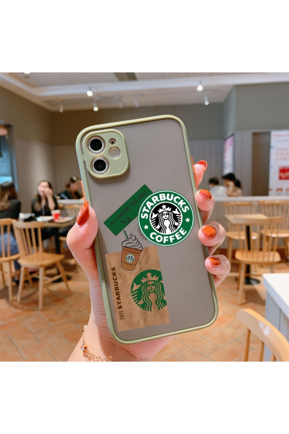 trendycase Iphone 11 Starbucks Desenli Yeşil Kamera Korumalı Telefon Kılıfı