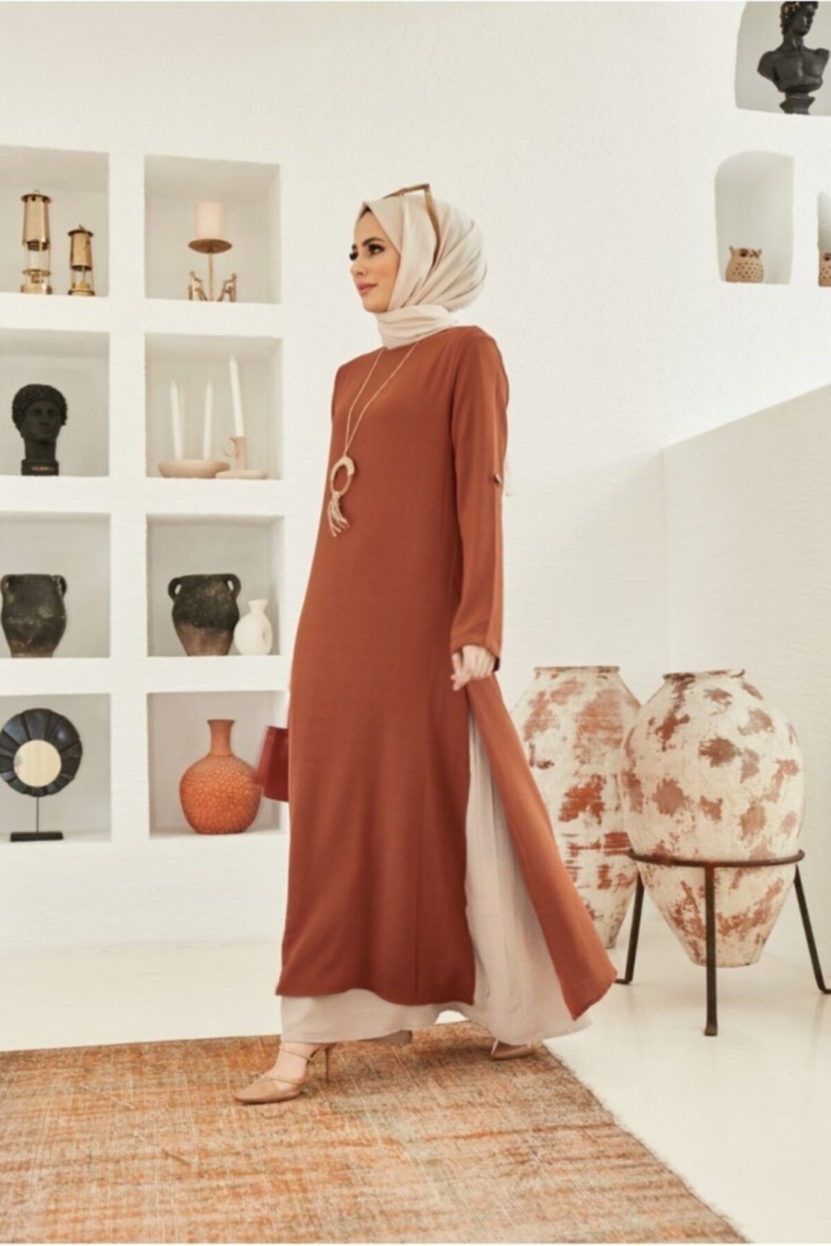 NS Moda Tesettür Iki Renkli Tek Parça Elbise Kiremit Model-421