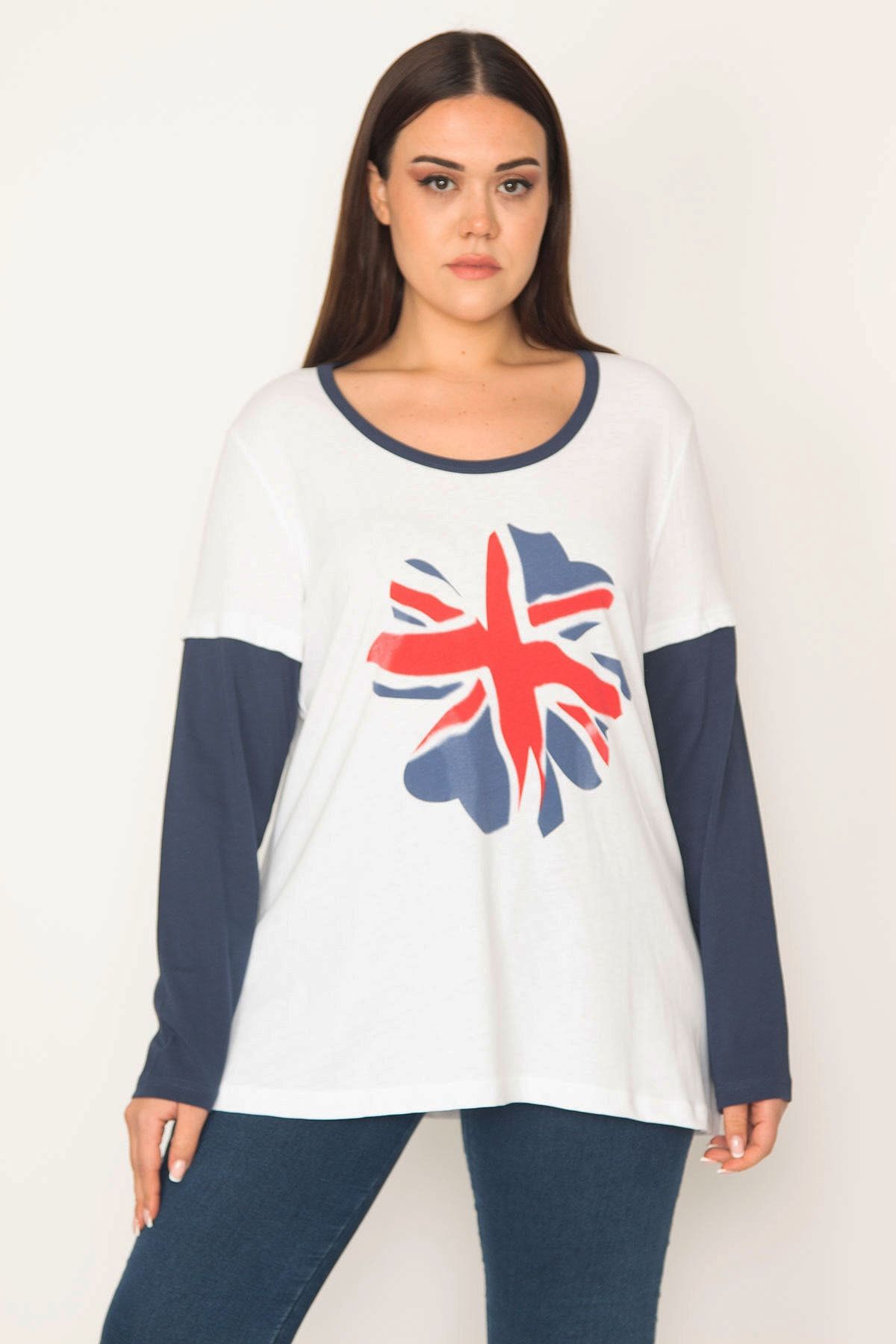 Şans Kadın Beyaz Pamuklu Kumaş Uzun Kollu Renk Kombinli Bluz 65N27620