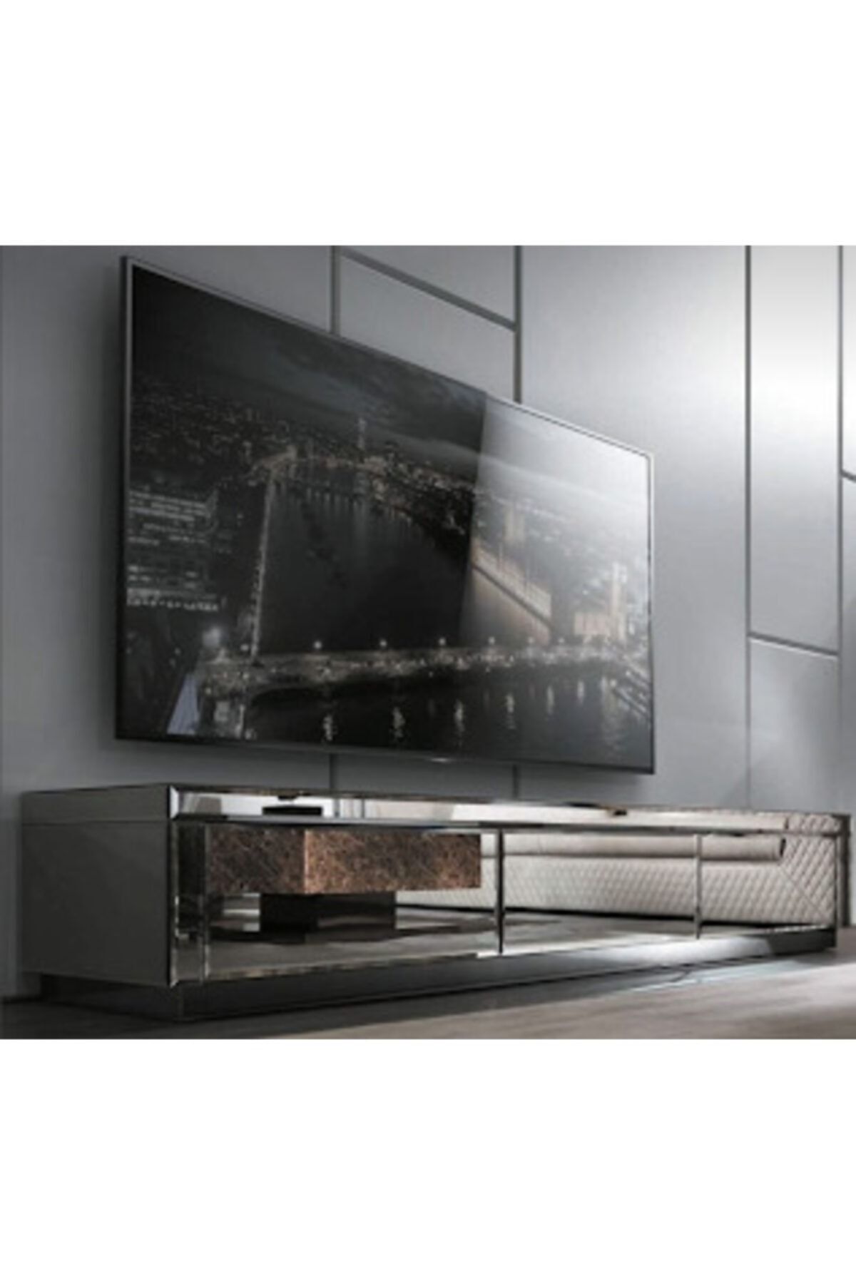 LUXURY VİLLA Luxury Füme Aynalı 3 Çekmeceli Tv Sehpası Uzunluk 192 Cm Derinlik 45 Cm Yükseklik 46 Cm