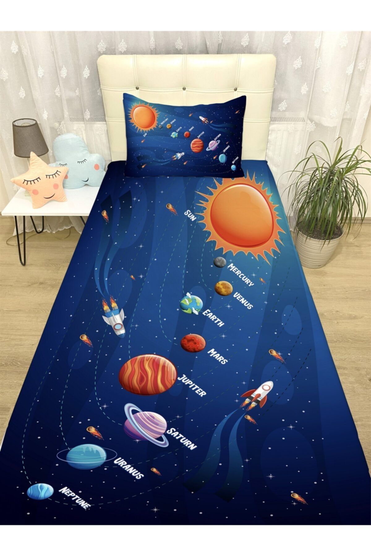 Evpanya Güneş Sistemi Desenli Yatak Örtüsü Ve Yastık