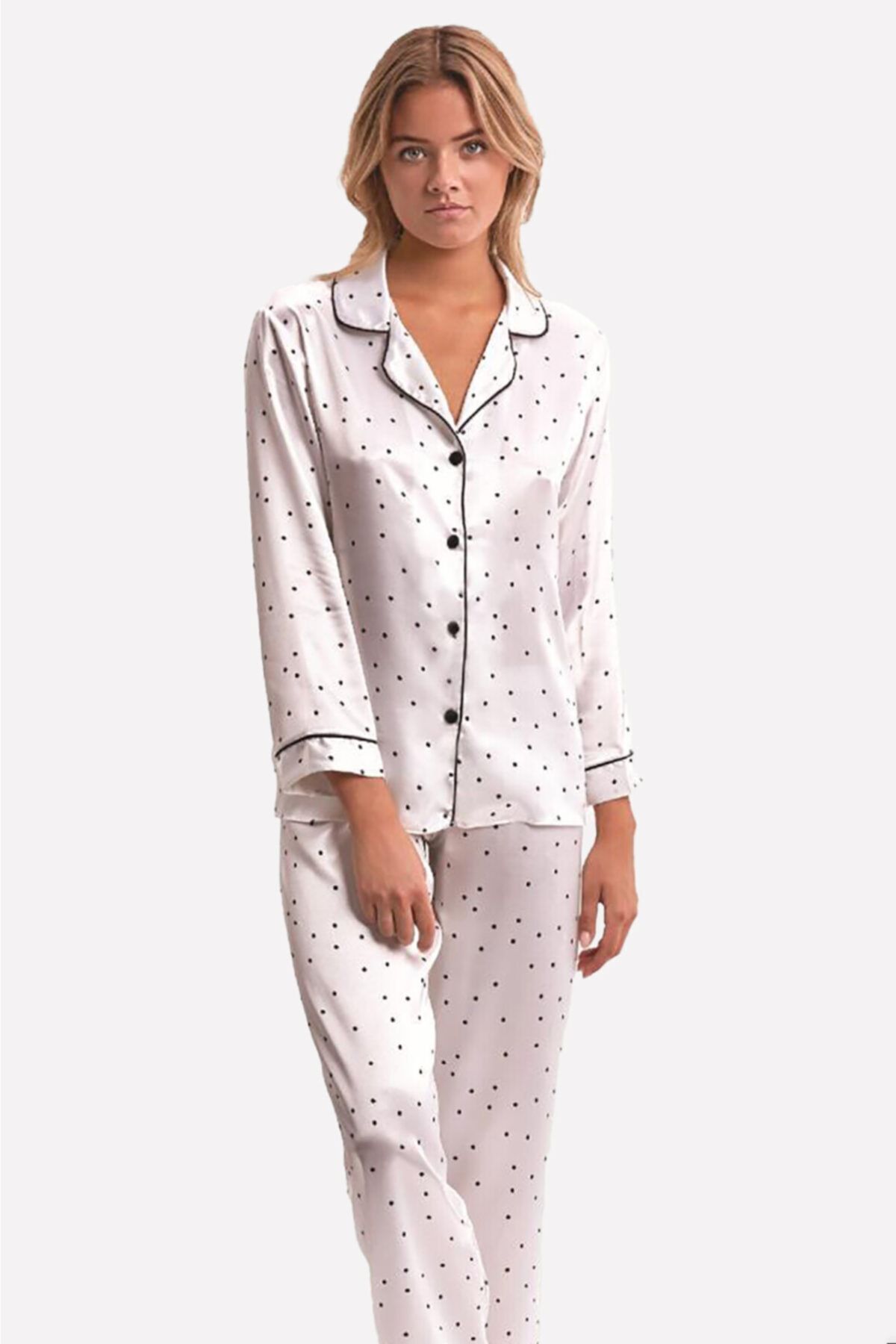 Nbb Krem Puantiyeli Saten Pijama Takımı
