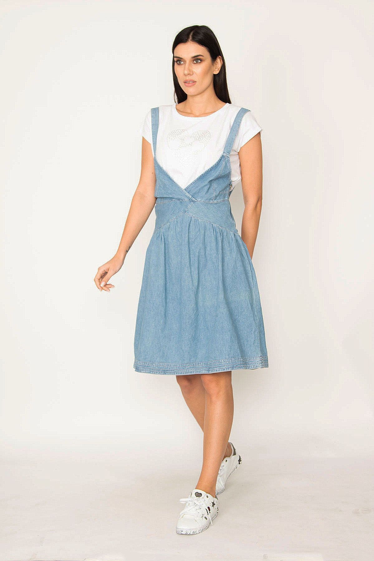 Şans Tekstil Kadın Mavi Askılı Anvelop Kot Elbise 85n6591
