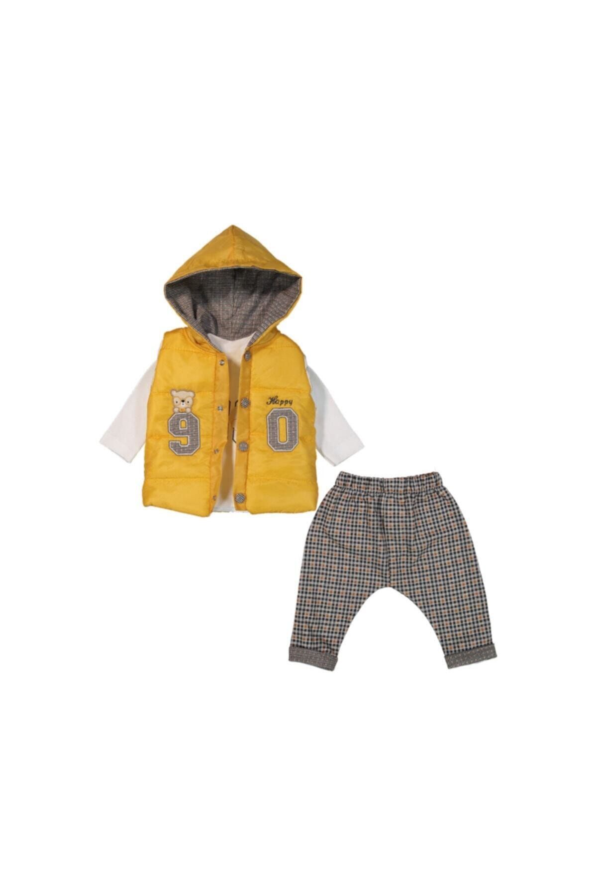 Hippıl Baby Kapüşonlu Sarı 90 Şişme Yelekli Ekose Pantolonlu Üçlü Erkek Takım