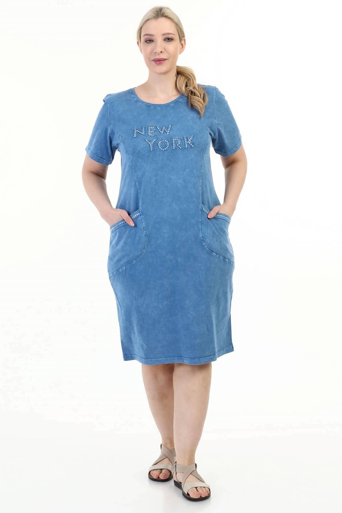 Mia Butik Büyük Beden Mavi Italyan Yıkmalı Taş Ve Cep Detaylı Elbise