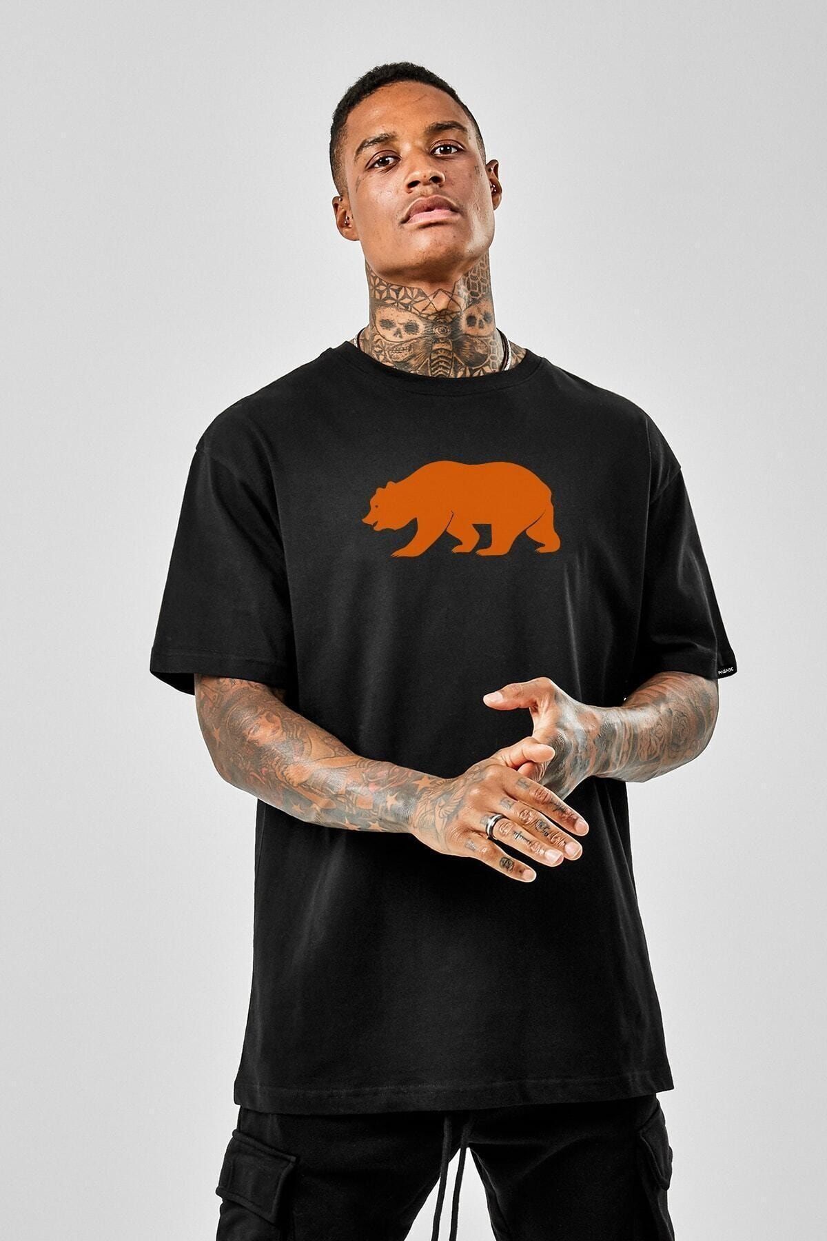 Genel Markalar Azurco Oversize Orange Bear Baskılı Siyah Tshirt
