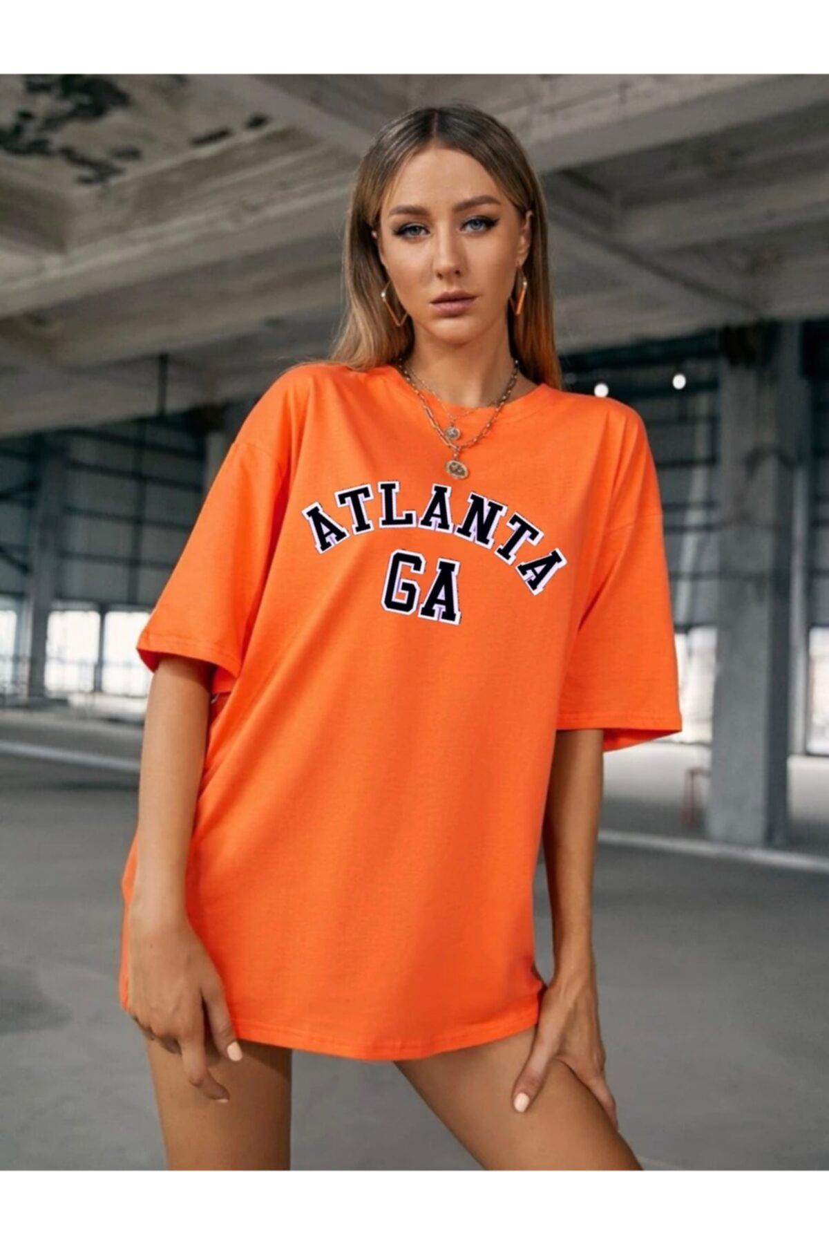 AFROGİYİM Oversize Kadın Turuncu Atlanta Ga Baskılı Tişört
