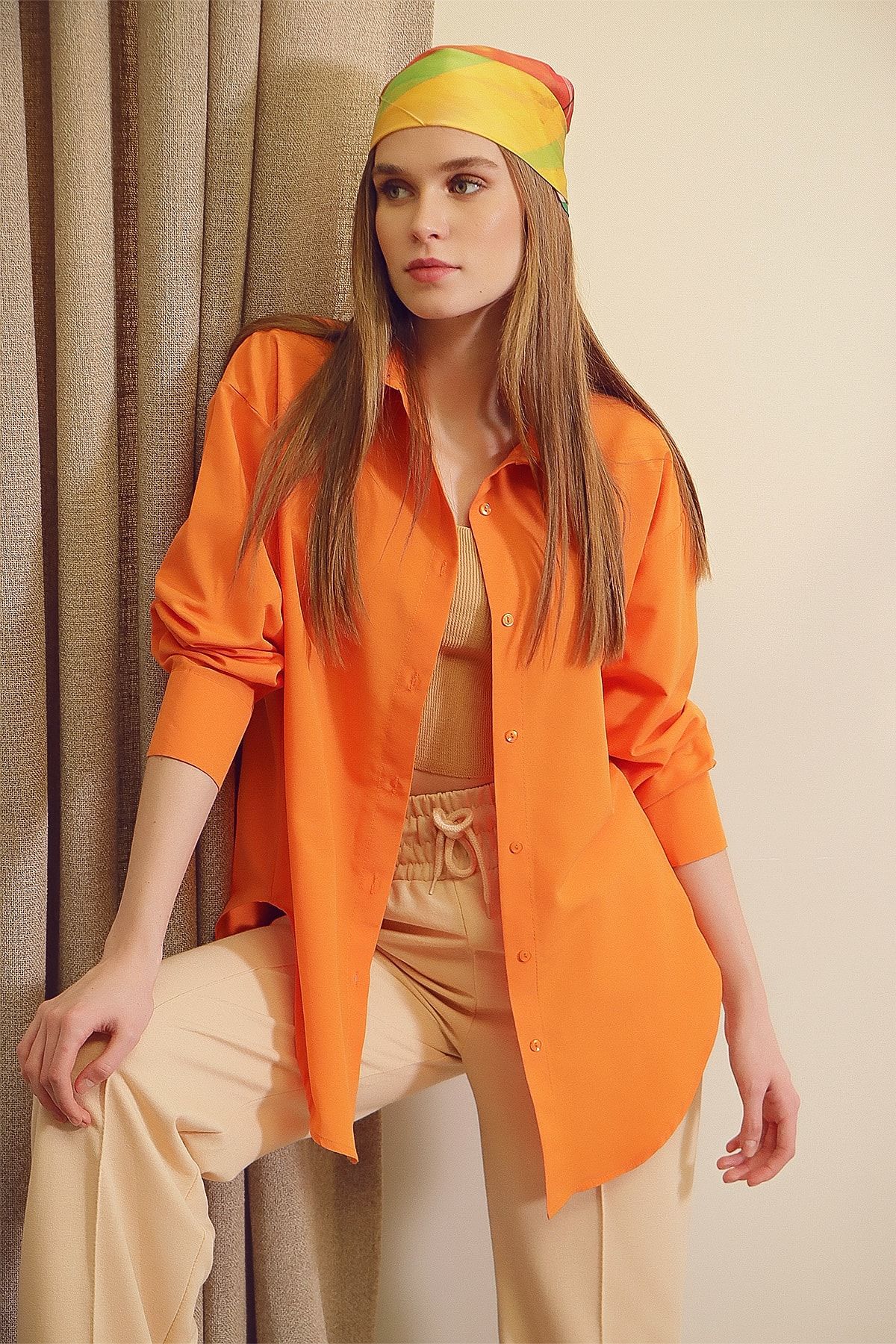Trend Alaçatı Stili Kadın Portakal Oversize Uzun Dokuma Gömlek ALC-X6828
