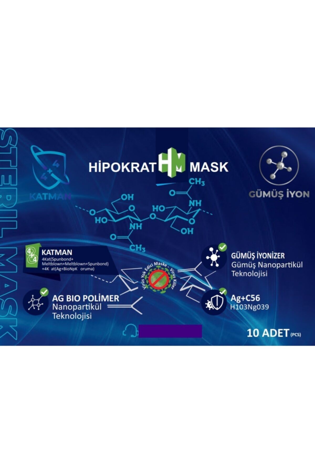 HİPOKRAT MASK Hipokrat 4 4=8 Katlı Cerrahi Maske 30 Adet Gümüş Ion & Biopolimer Katmanlı Virüs Öldürücü