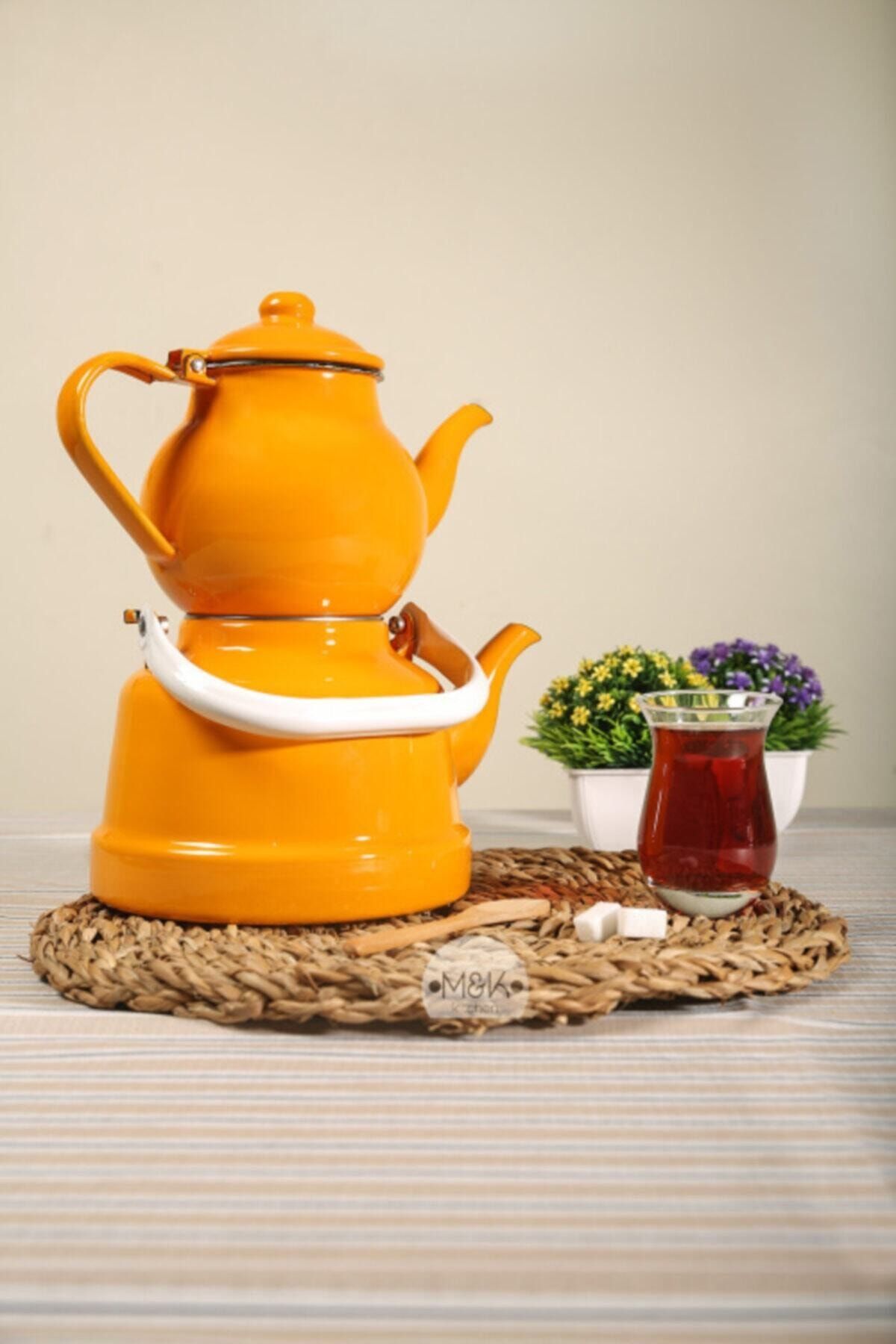 M&K Kitchen Ebru Emaye Hardal Çaydanlık Takımı Lüks Nostalji Koleksiyonu 1,1 / 2,5 L