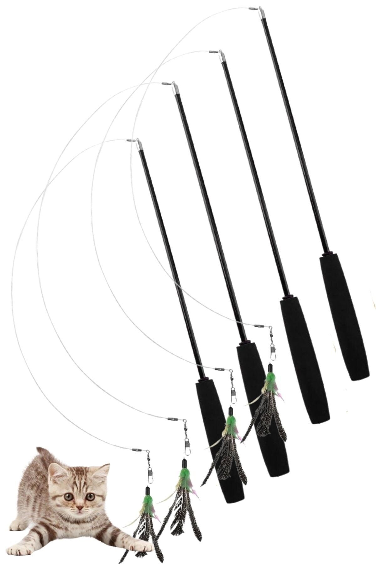 Buffer ® 4 Adet Teleskopik Tüylü Ve Çanlı Boyu Ayarlanabilir Elastik Eğlenceli Peluş Kedi Oyun Oltası