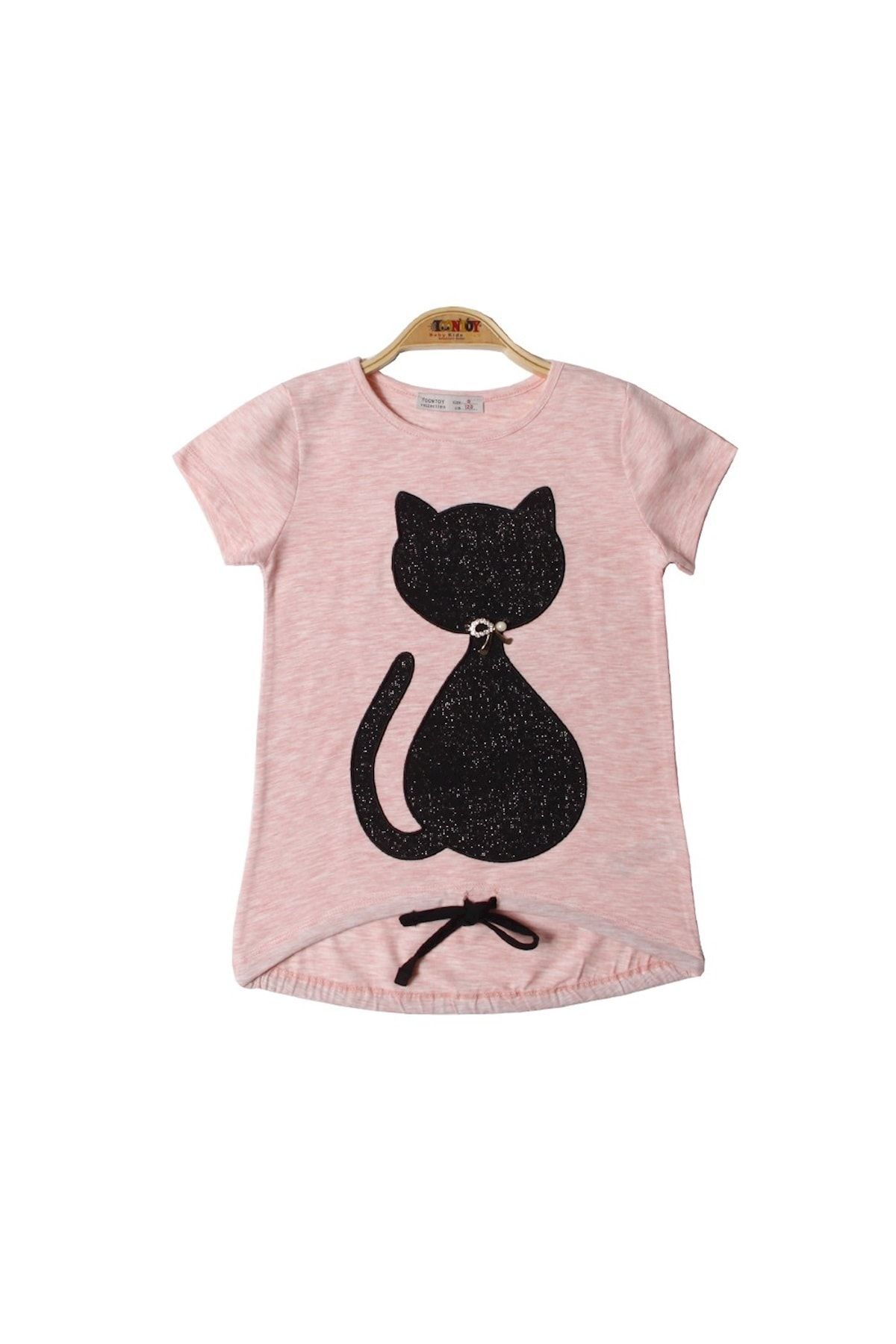 Toontoy Kız Çocuk Kedi Nakışlı Tişört Pembe Melanj 12 Yaş K-271