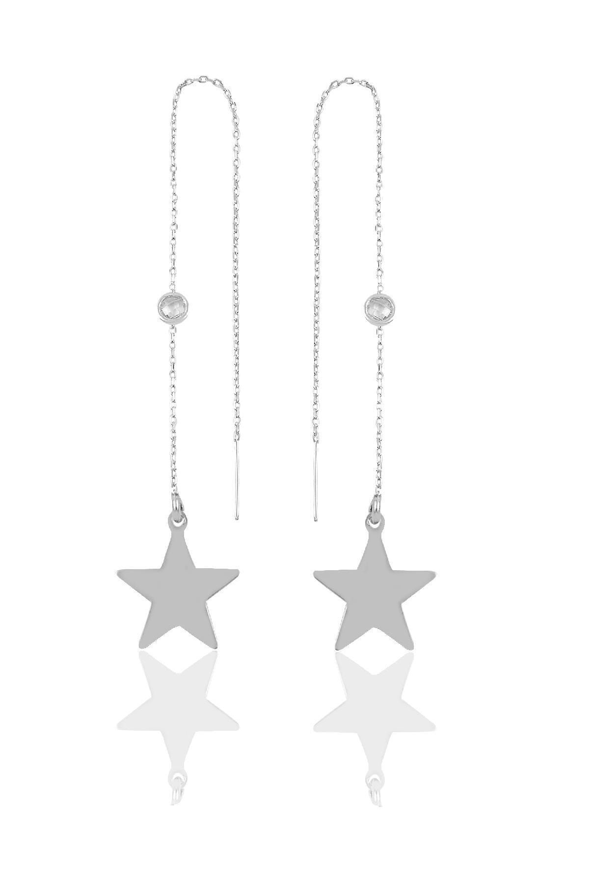 Söğütlü Silver Gümüş Taşlı Zincirli Küpe Yıldız Modeli