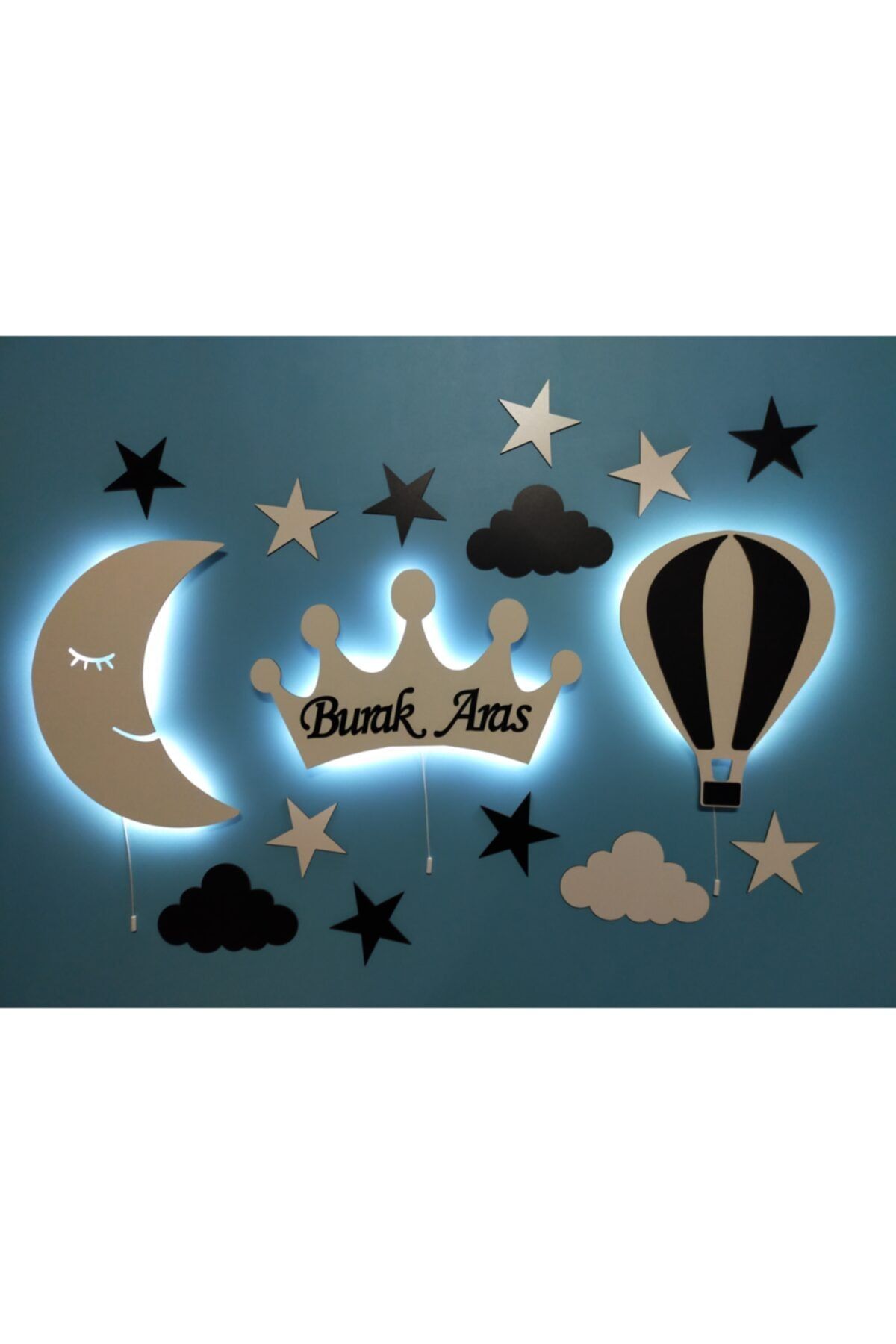 fabrikahşap Dekoratif Ahşap Çocuk Odası  Ay Taç Balon Gece Lambası Ledli Aydınlatma