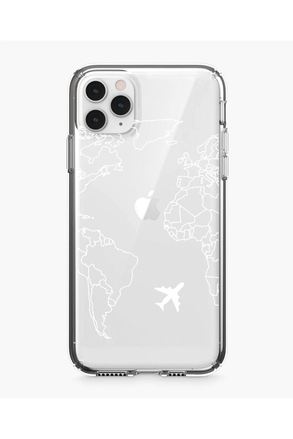 mooodcase Iphone 11 Pro World Map Lines Premium Şeffaf Silikon Kılıf Beyaz Baskılı