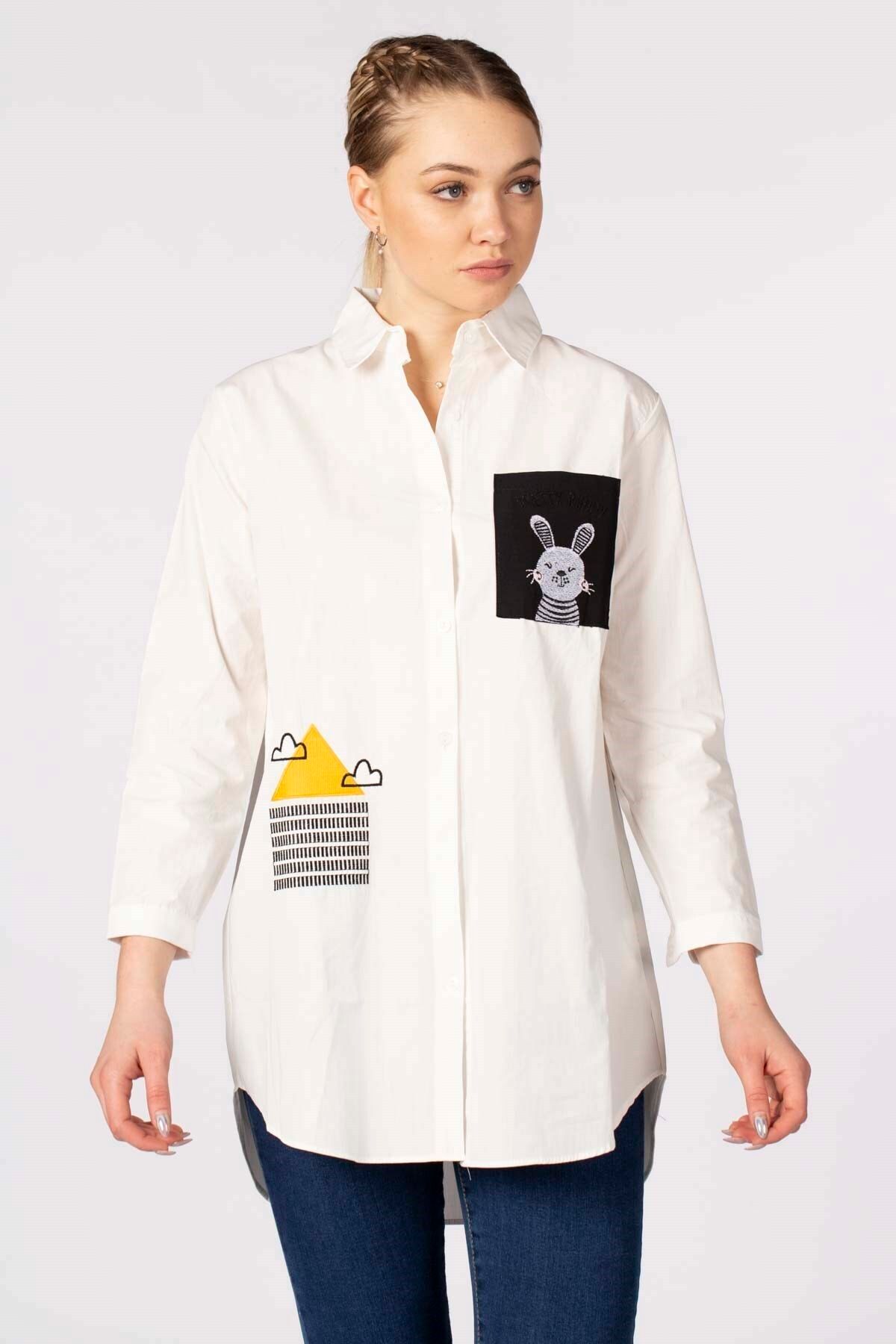 BARRELS AND OIL Kadın Beyaz Tavşan Detaylı Gömlek 318-20Y03005.55