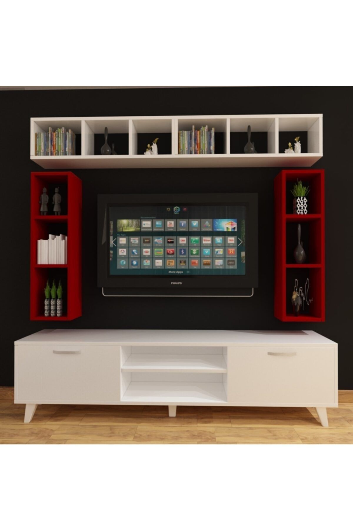 Dekormer Design Tv Ünitesi Dolaplı Kırmızı Beyaz 180 Cm Ve Kitaplık