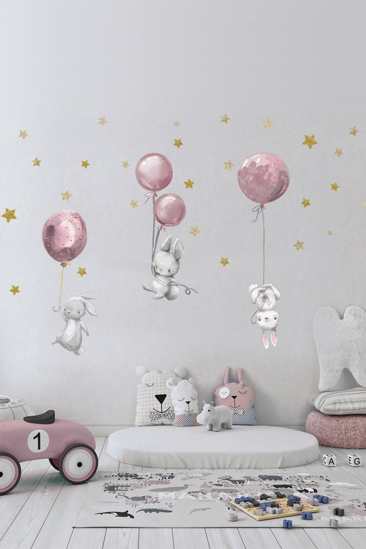 KT Decor Sevimli Balonlu Tavşanlar ve Yıldızlar Çocuk Odası Duvar Sticker